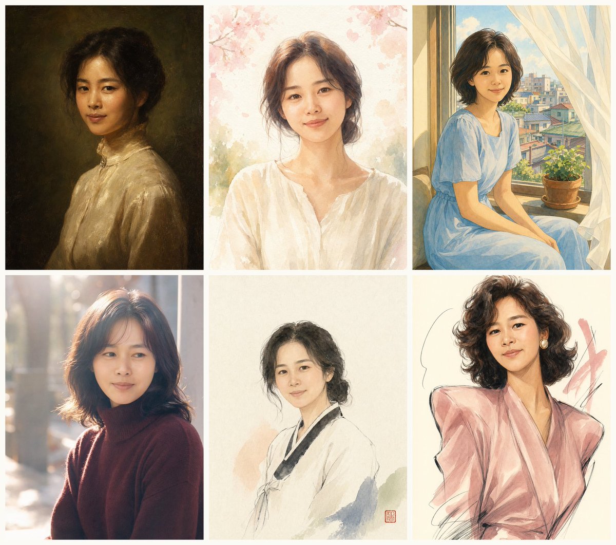 Six Portrait Styles for One Korean Mother — AI Prompt