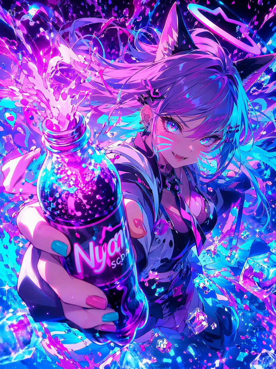 Neon Cyber Catgirl Soda Blast — Anime Poster Prompt