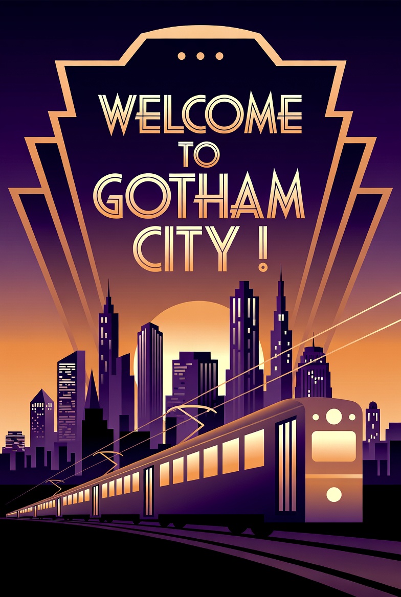 Art Deco Gotham Trolley Poster — Vintage Travel Art Prompt