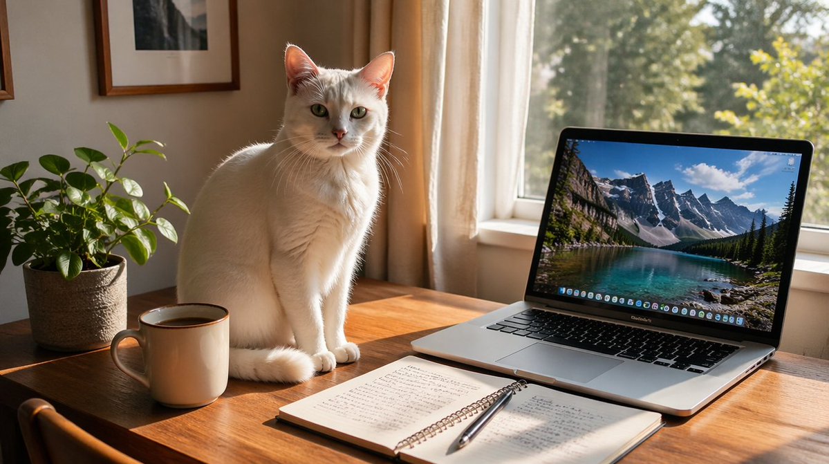 Cozy Home Office with White Cat — Sora 2 Prompt