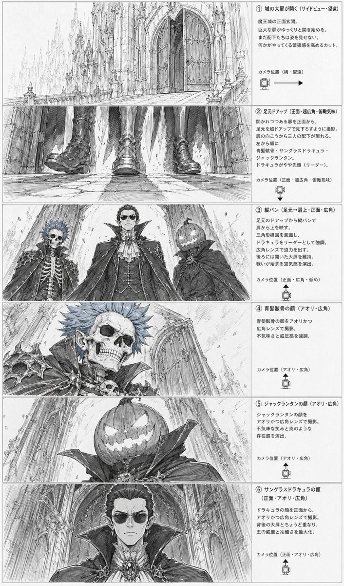 Dark Gothic Villain Storyboard: 6-Panel Anime Layout — Sora 2 Prompt