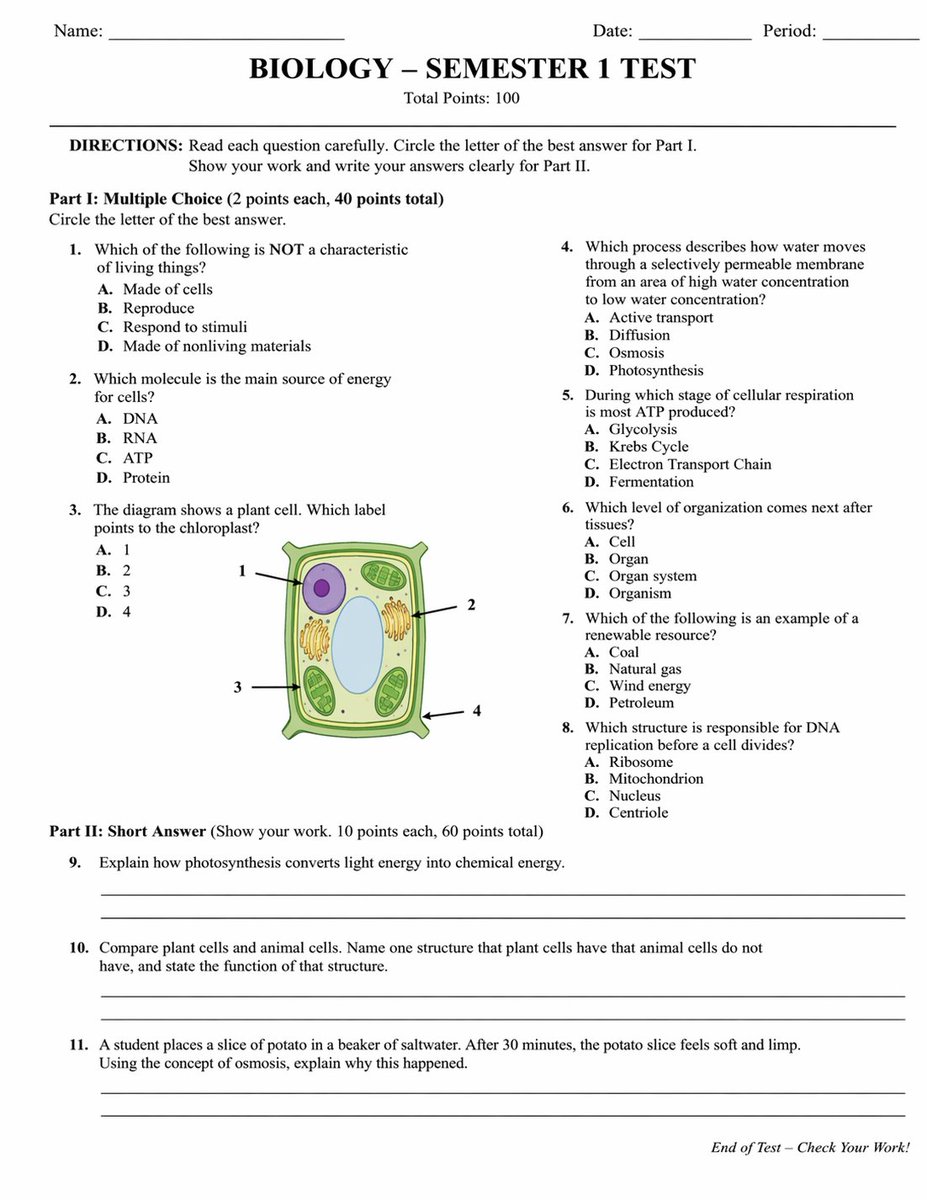 Custom Academic Test Generator — Biology & Science Exams