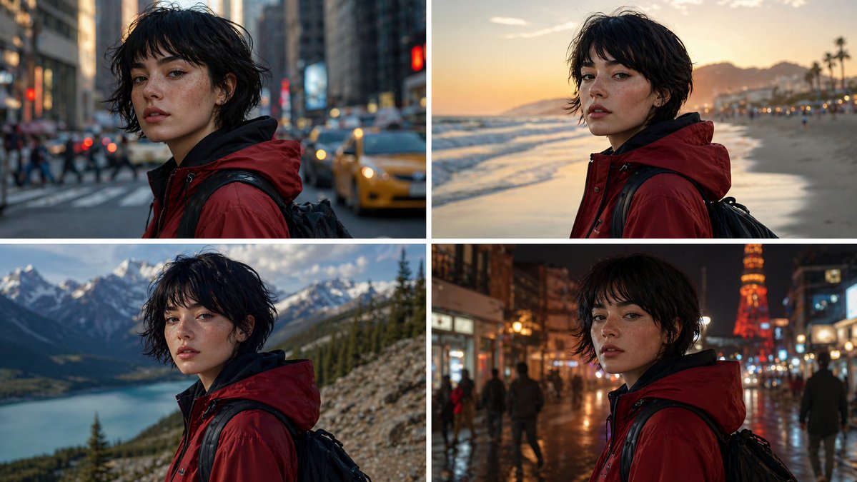Red Jacket Wanderer: Consistent 4-Scene Set — Sora 2 Prompt
