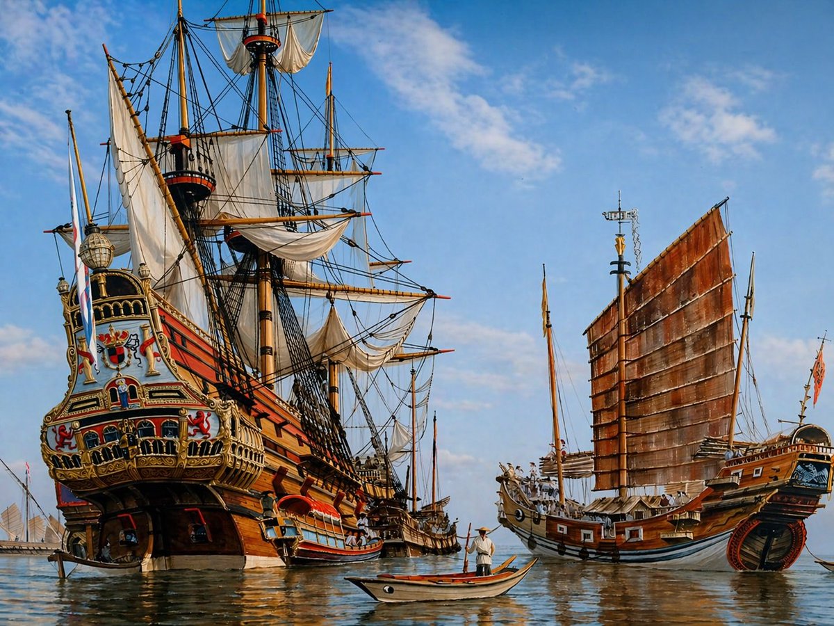 Historic Galleon and Chinese Junk on Calm Sea — Sora 2 Prompt