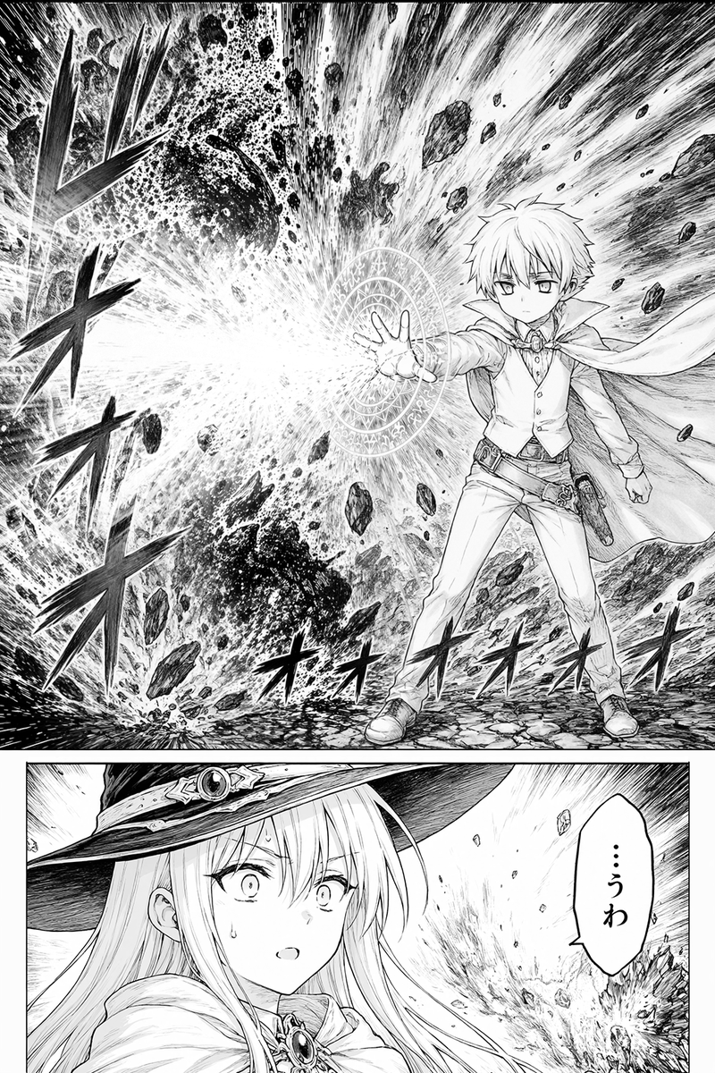 Black-White Epic Manga Magic Explosion Page — Sora 2 Prompt