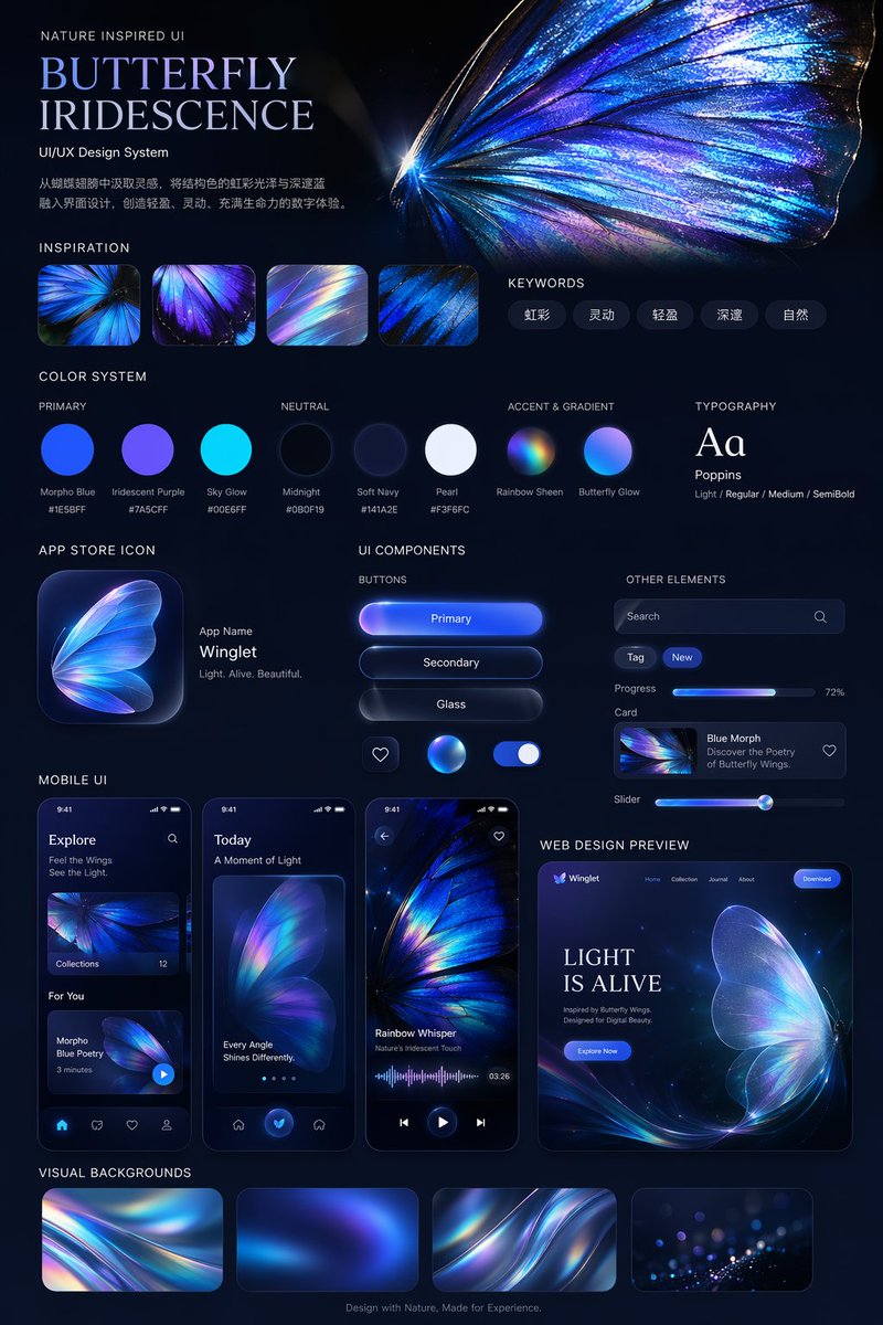 Iridescent Butterfly UI/UX • Dark Mode Nature Design System