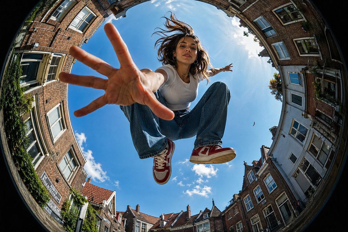 Urban Action Fisheye — Dramatic Low-Angle Sora 2 Prompt
