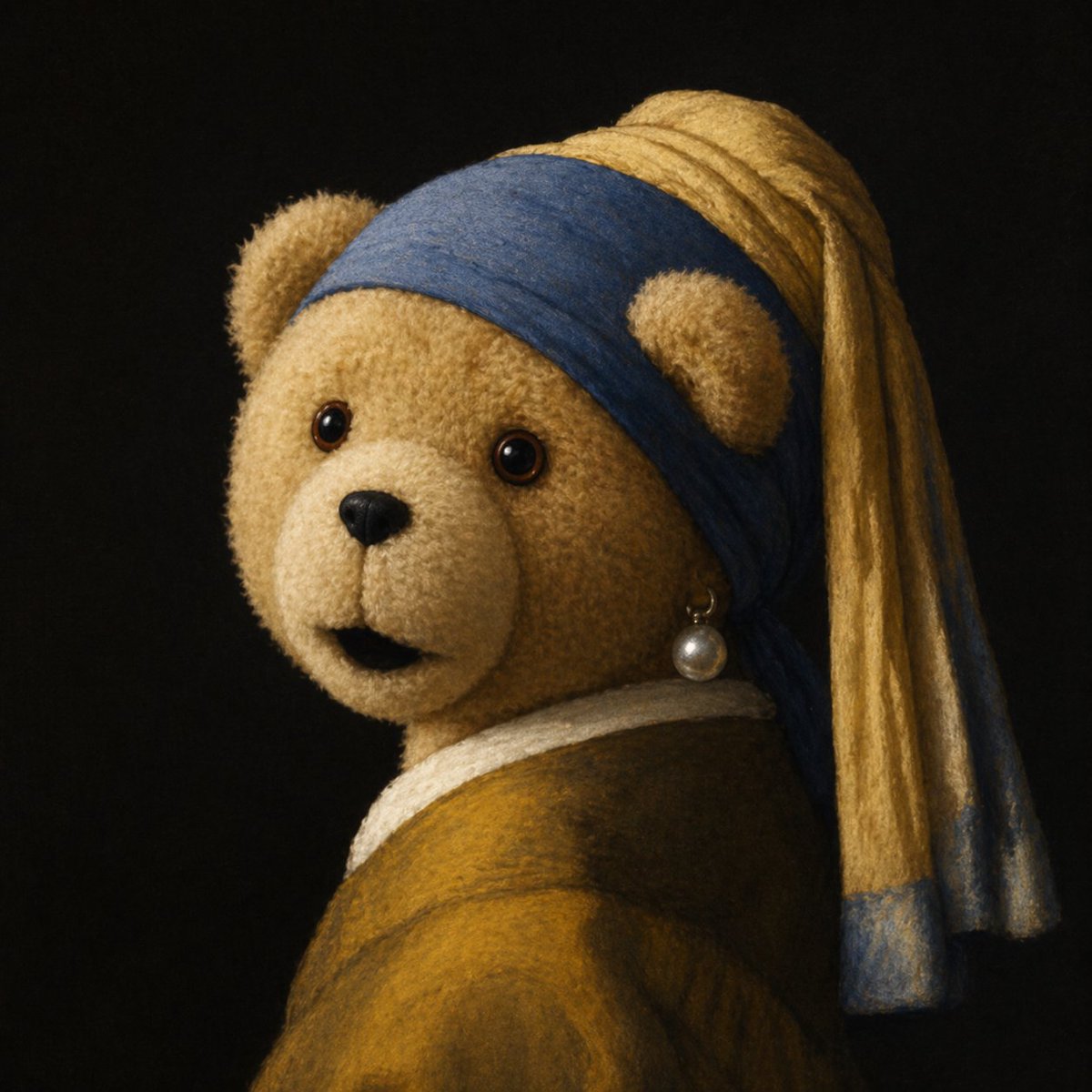 Vermeer Teddy Bear with Pearl Earring — Sora 2 Prompt