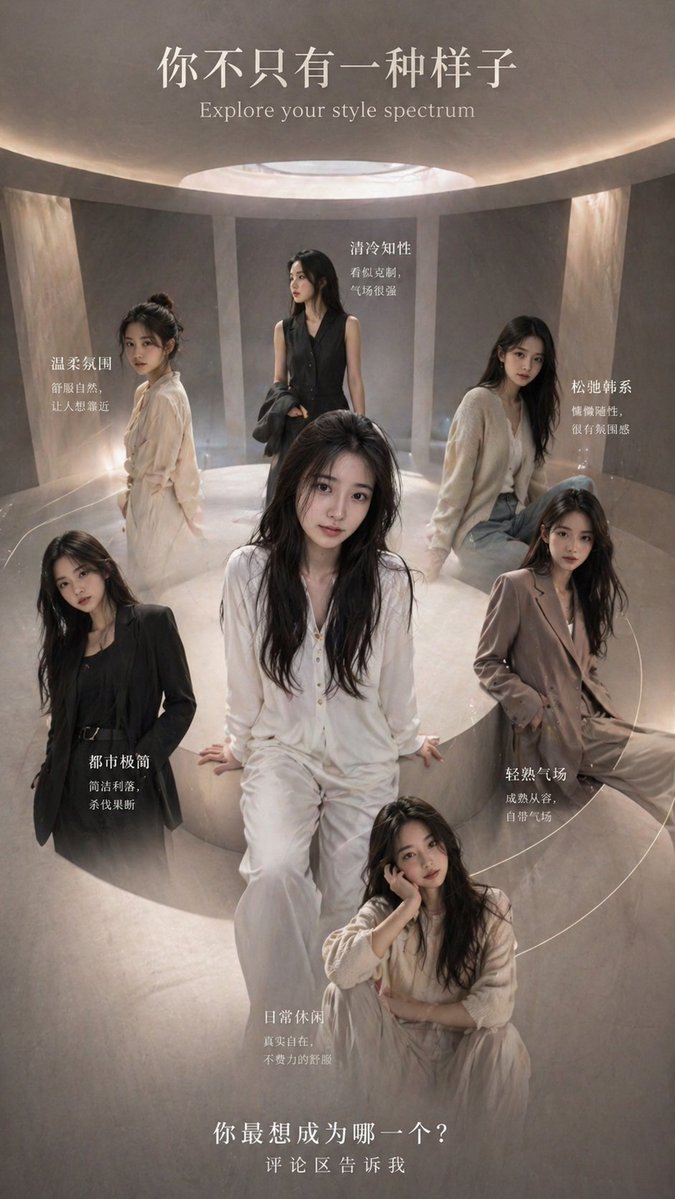 One Woman, Seven Styles — AI Fashion Poster Prompt