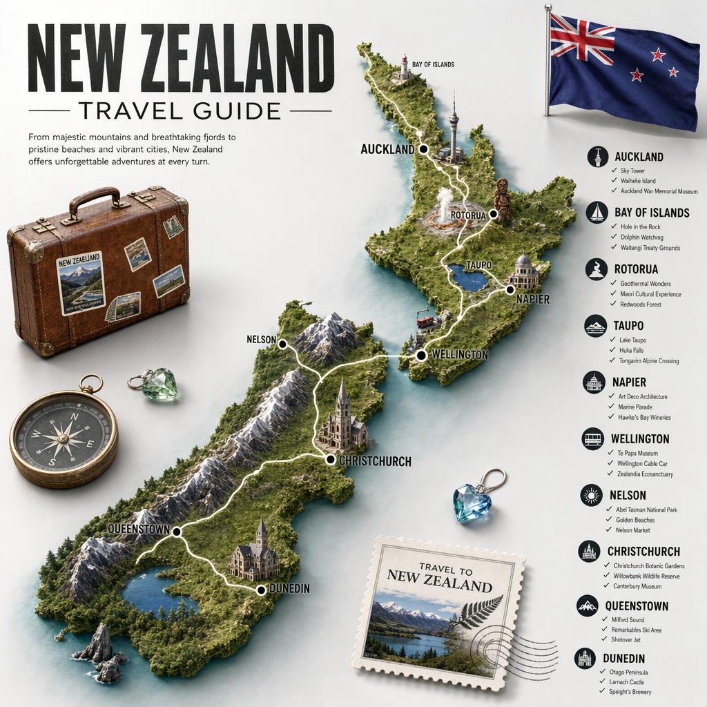 Vintage 3D New Zealand Travel Map Poster Prompt