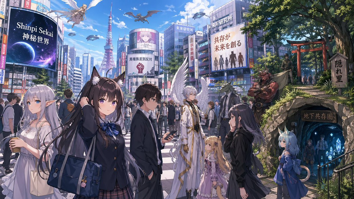 Urban Fantasy Coexistence — Anime City Crossroads Prompt