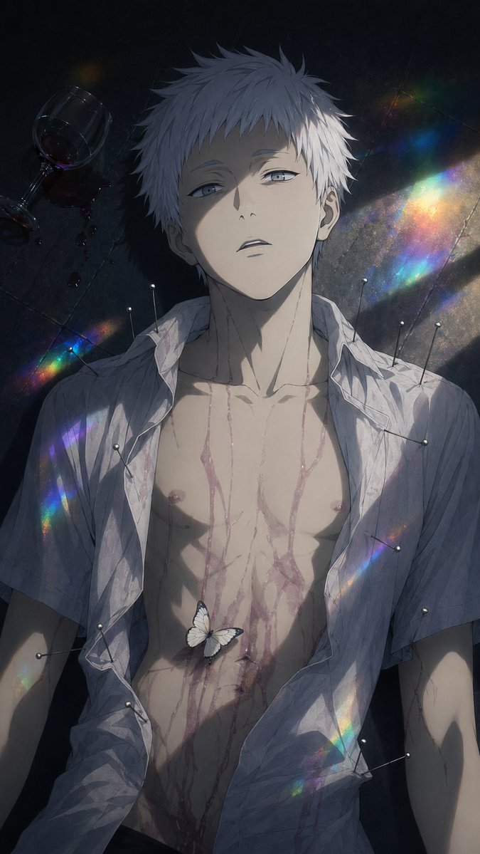 Dark Anime Boy with Pins & Prism Light — Sora 2 Prompt