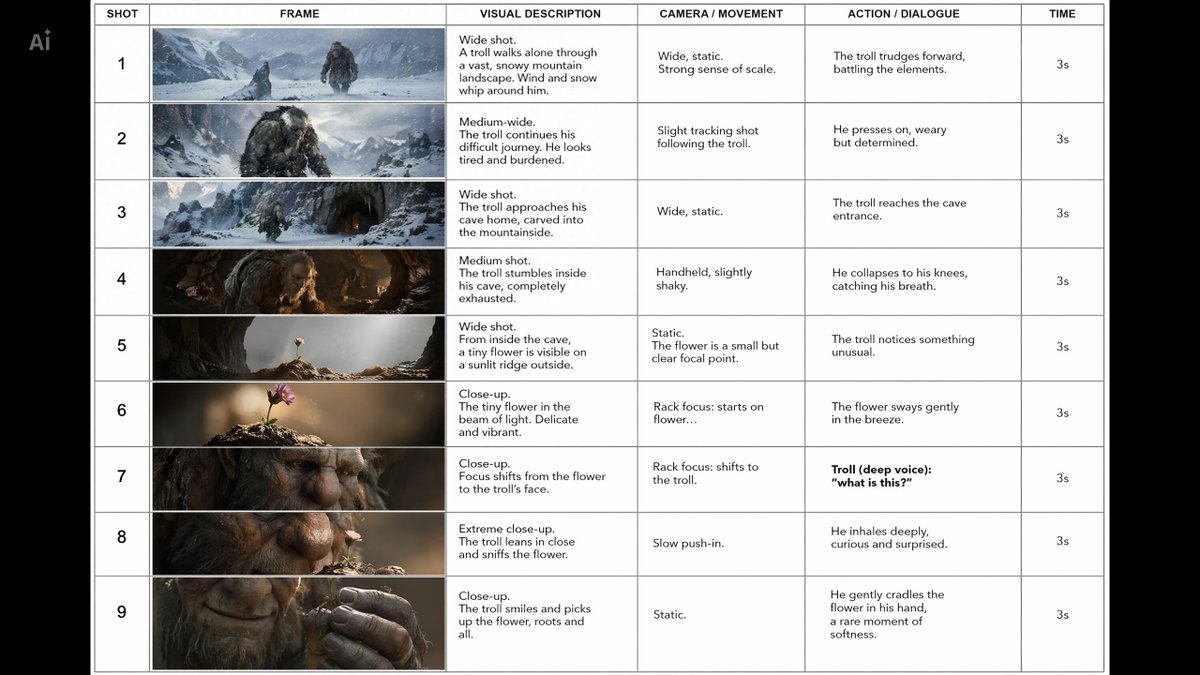 Cinematic Storyboard: Troll Finds Flower — AI Prompt