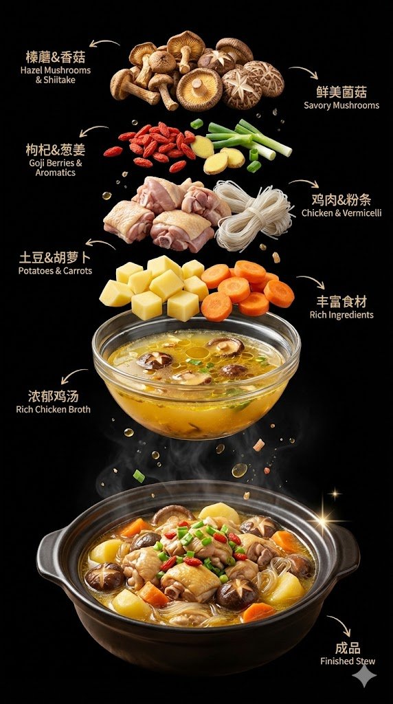 Exploded Chinese Chicken & Mushroom Stew — Sora 2 Prompt