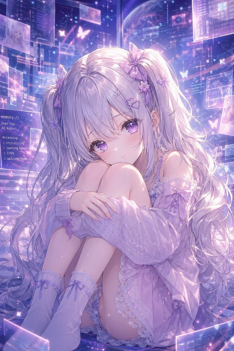 Holographic Memory AI Girl — Lavender Anime Portrait Prompt
