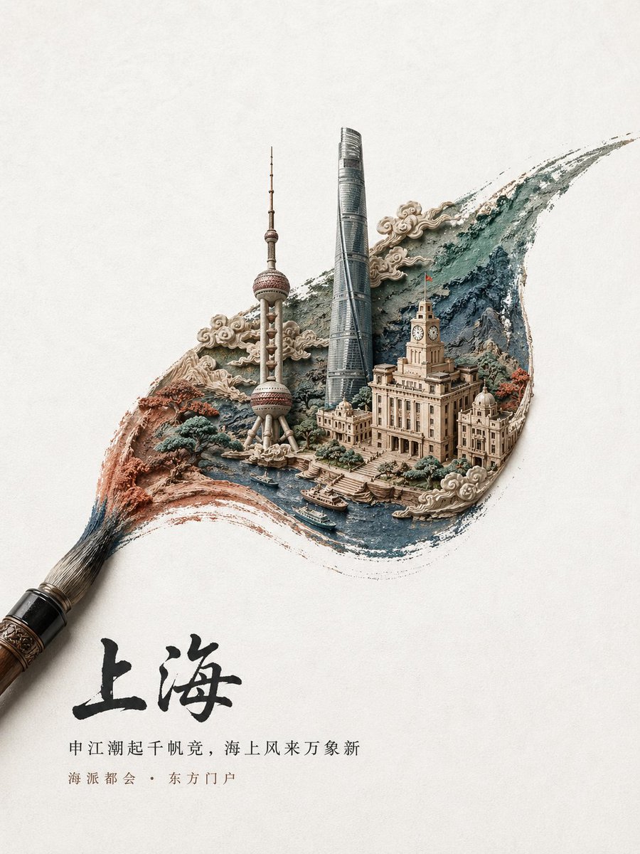 Chinese Ink Brush Stroke City Poster — Sora 2 Prompt