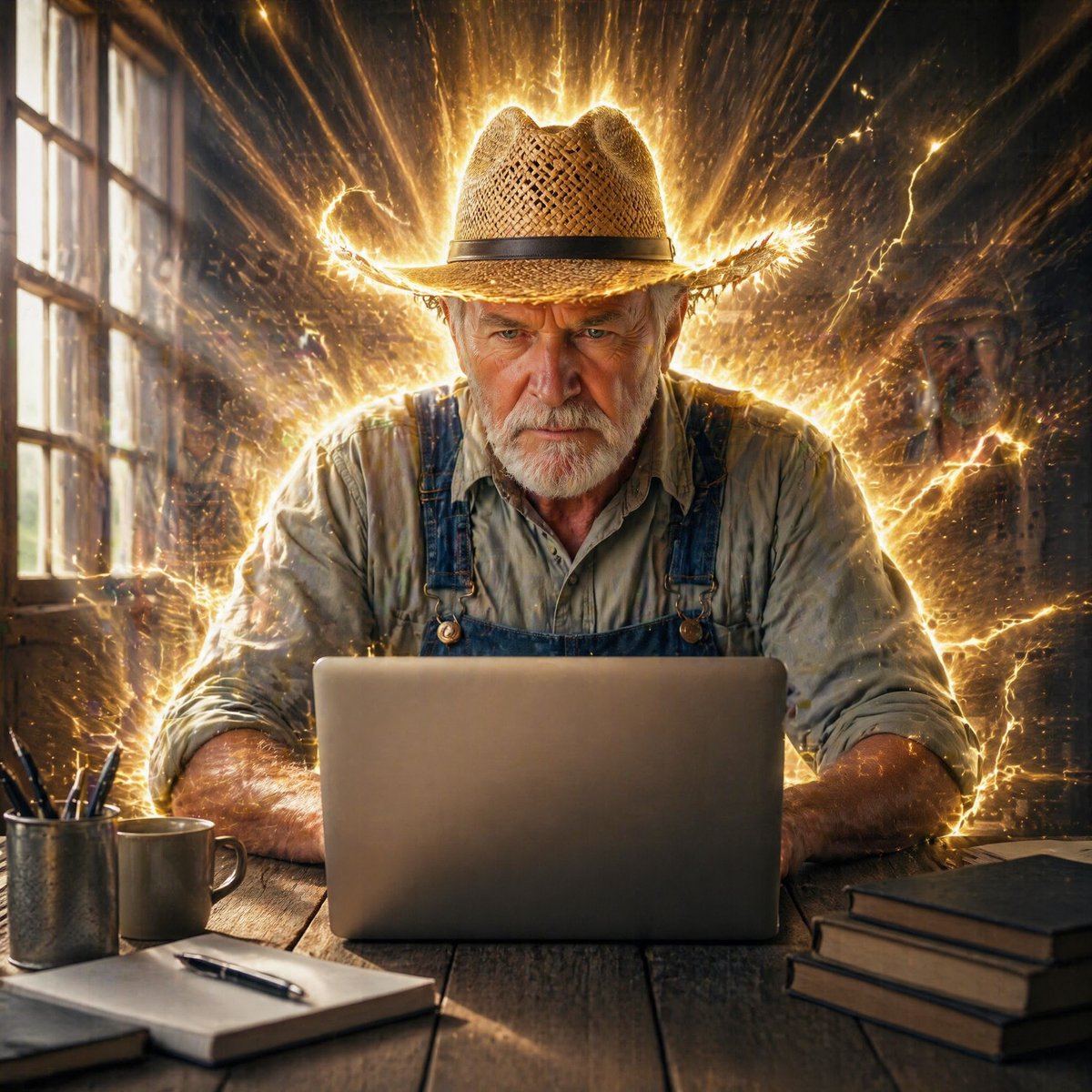 Rustic Farmer Deep Work Focus — Golden Energy Cinematic Prompt