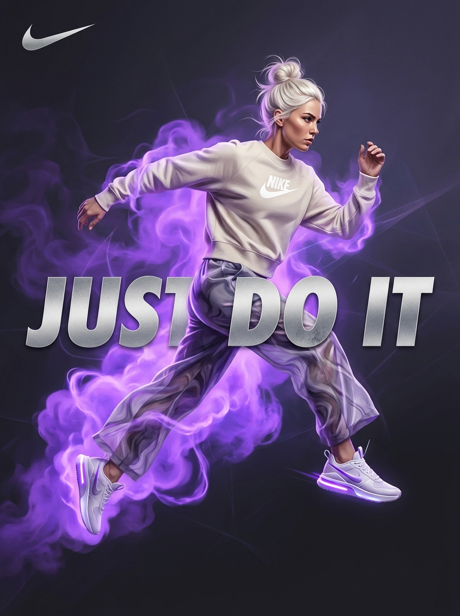 Hyperreal Surreal Nike Ad Poster — Purple Smoke Sprint