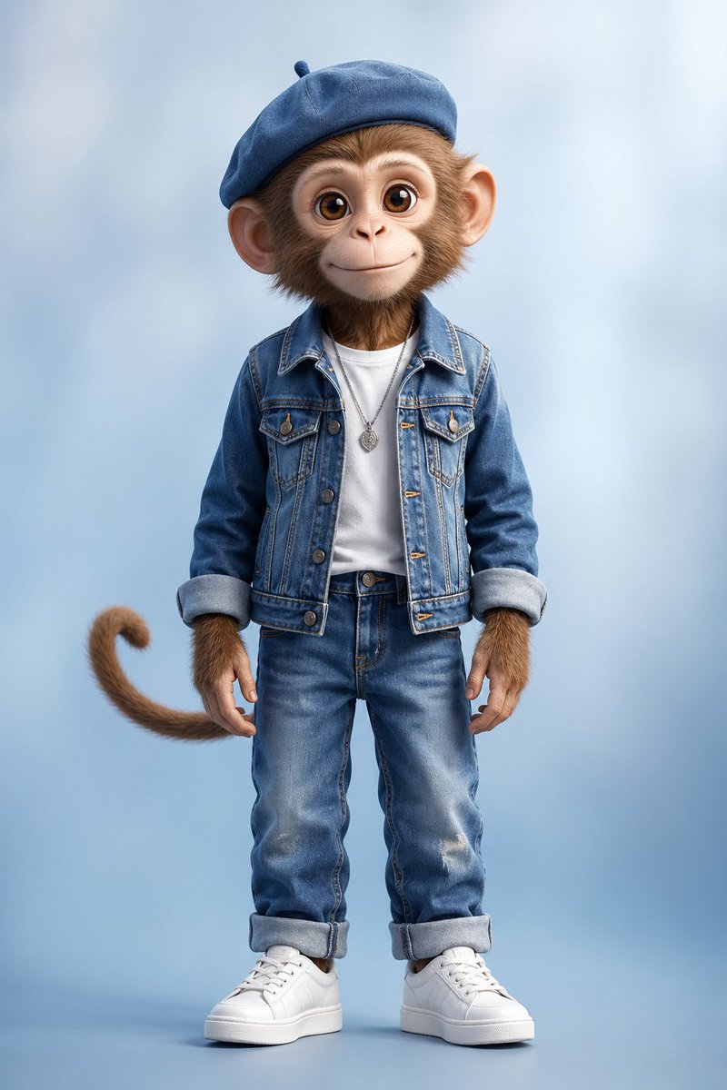 Censored Monkey in Denim Outfit — Sora 2 Studio Portrait Prompt
