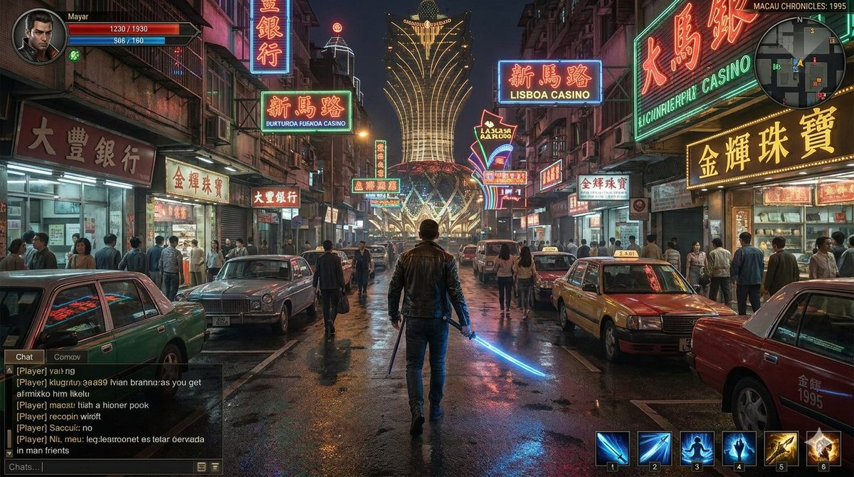1990s Neon Macau Action RPG Screenshot — Sora 2 Prompt