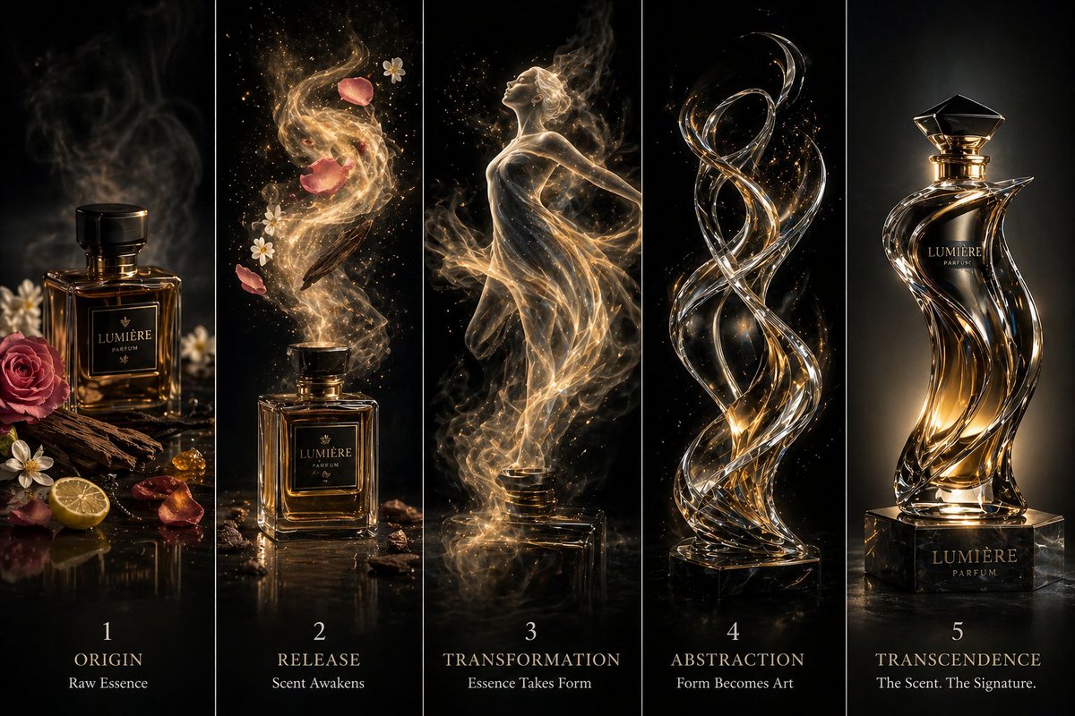 Cinematic Perfume Metamorphosis — Multi-Panel Sora Prompt
