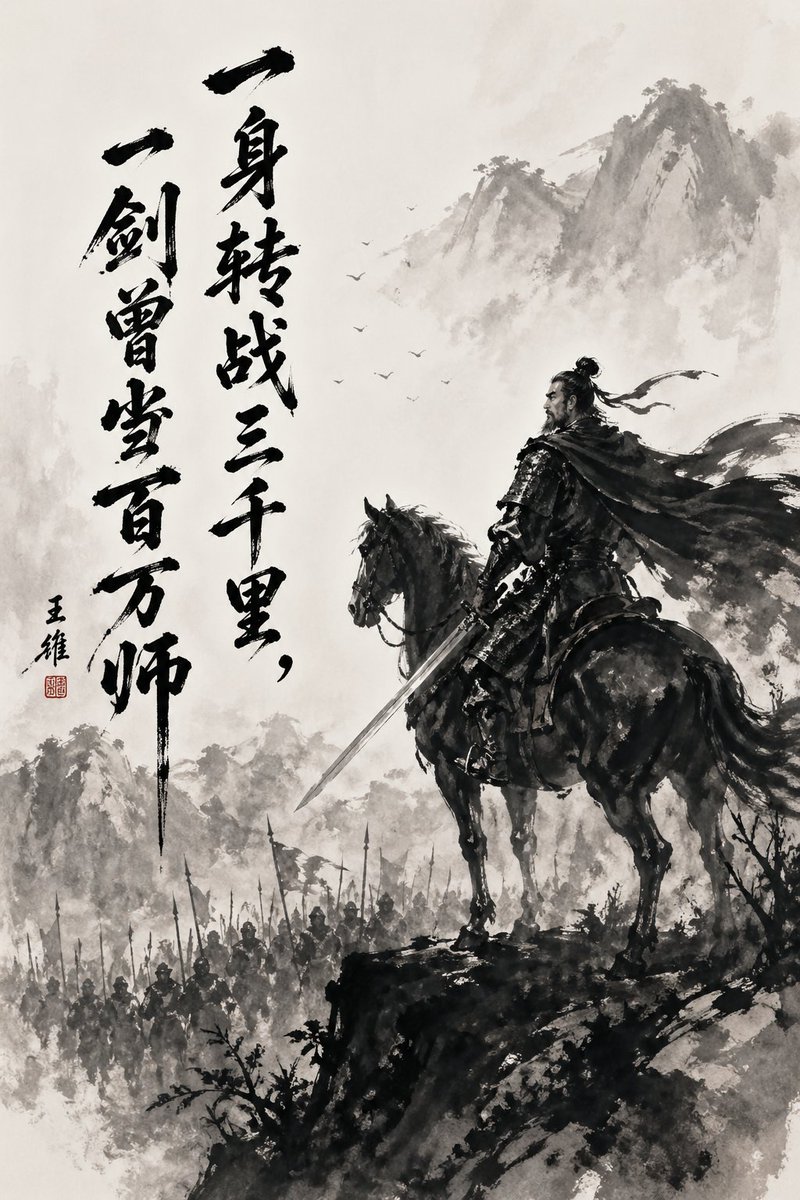 Chinese Ink Wash General Overlooking Army — Sora 2 Prompt
