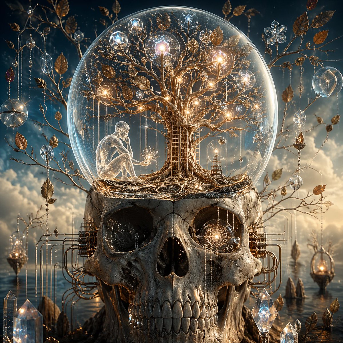 Surreal Skull and Consciousness Tree — AI Art Prompt
