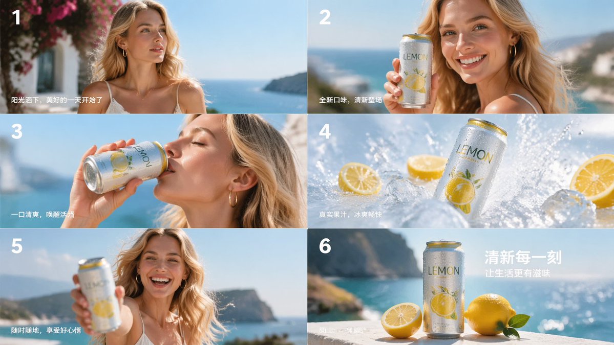 6-Panel Lemon Soda Ad — Sora 2 Prompt