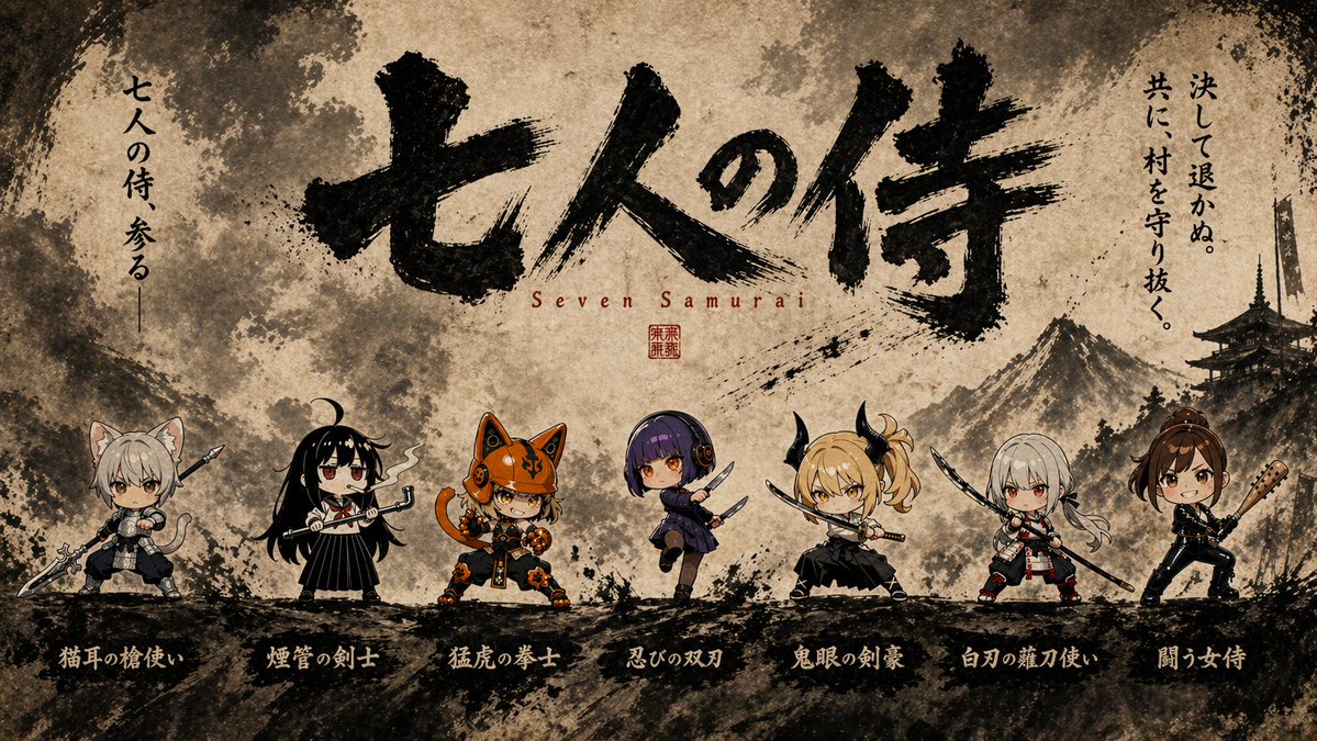 Seven Samurai Q-Style Ink Poster — Epic Hero Lineup