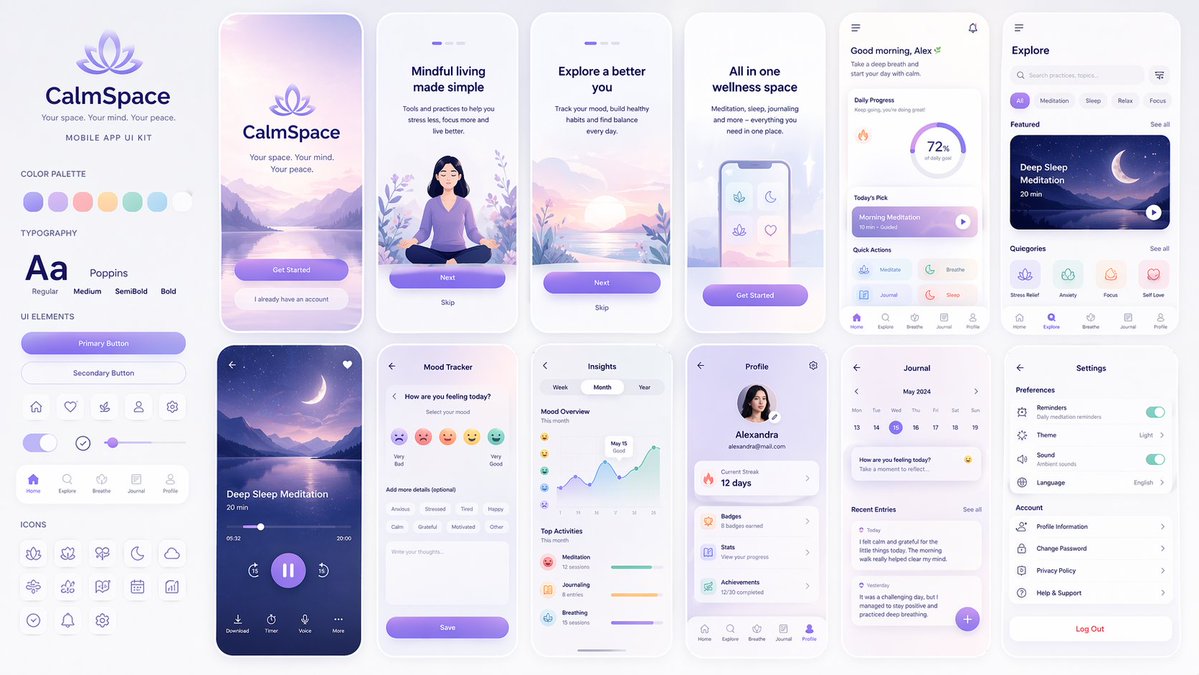 CalmSpace UI Kit: Mental Wellness App Design Prompt