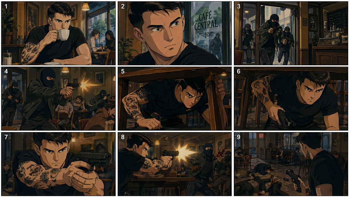 90s Anime Café Shootout Storyboard — Sora 2 Prompt