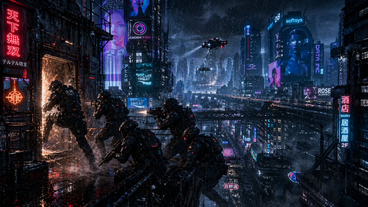 Cyberpunk Neon Rooftop Raid — Sora 2 Prompt