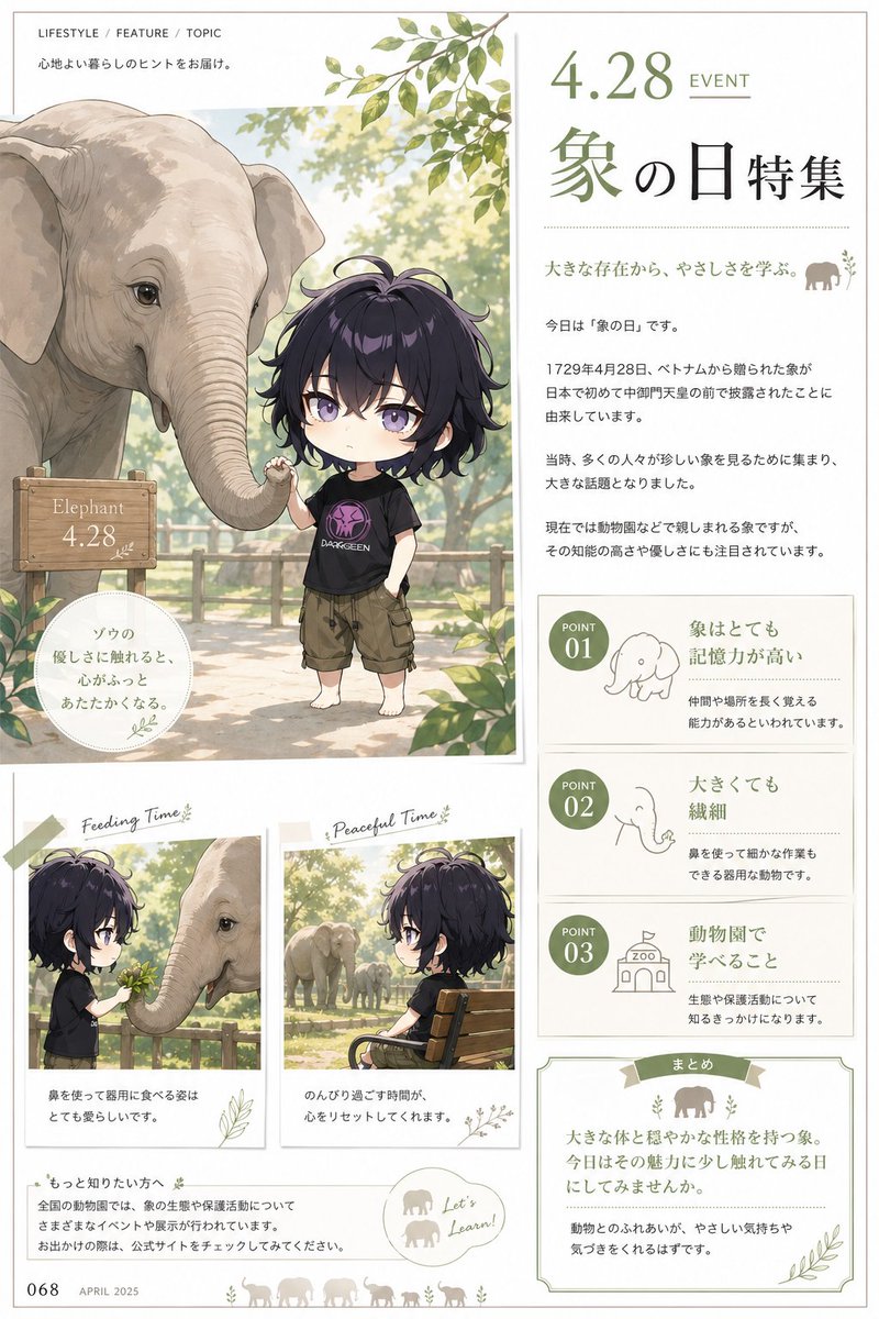 Japanese Elephant Day Magazine Spread — Watercolor Lifestyle Prompt