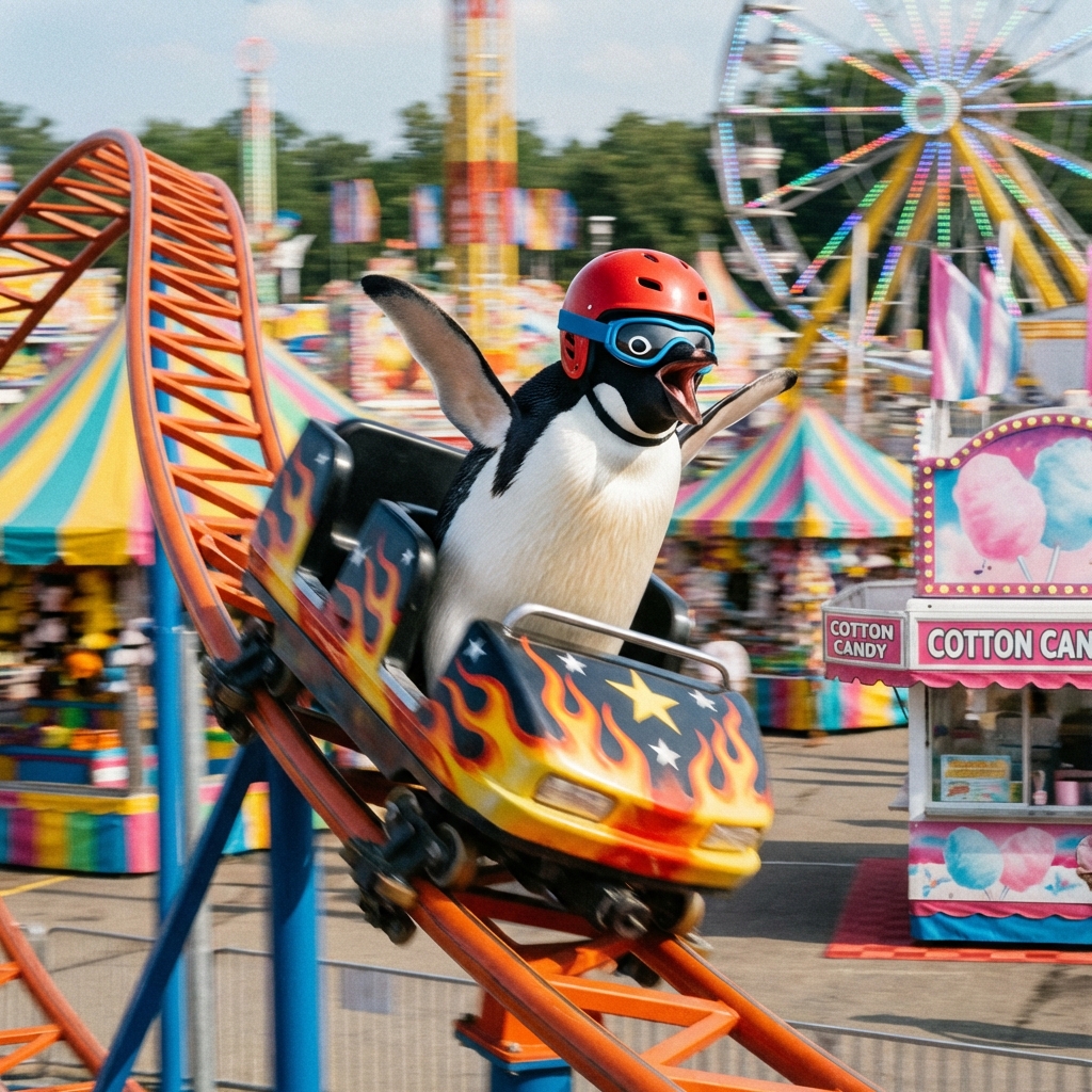 Excited Penguin on Carnival Roller Coaster — Sora 2 Prompt
