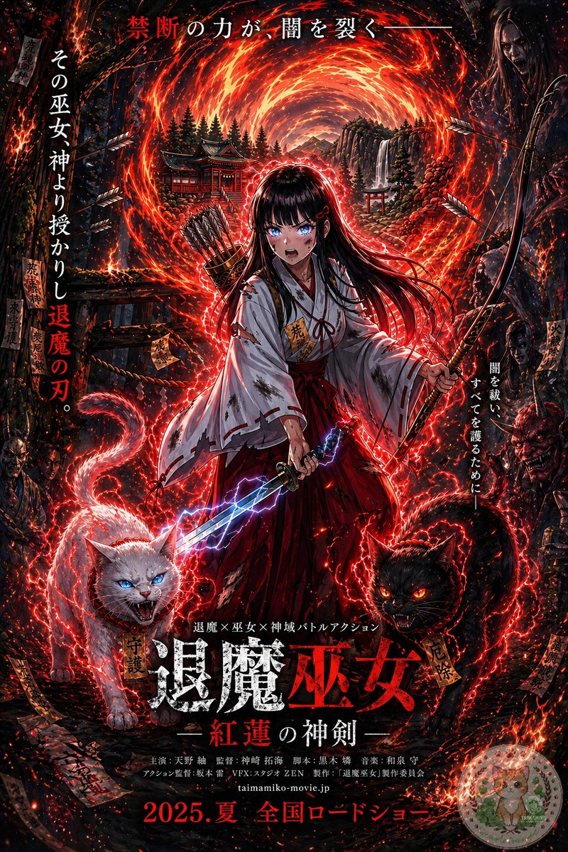 Dark Japanese Movie Poster Prompt — Miko, Demons & Fire