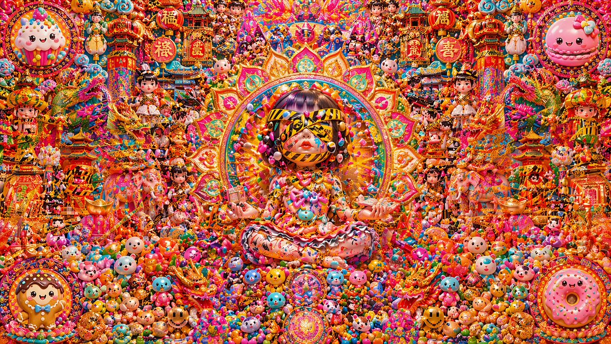 Candy Lunar New Year Shrine — Ultra-Detailed Maximalist Prompt