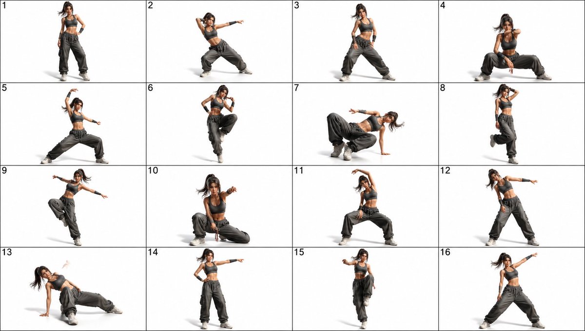 Dance Pose Reference Sheet — 16-Grid Female Dancer Prompt