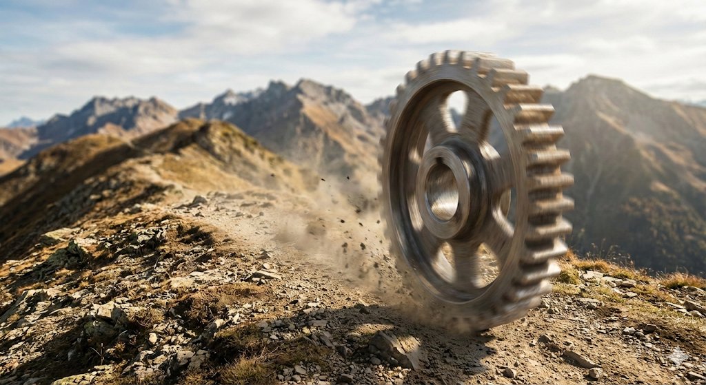 Cinematic Steel Gear Rolling on Mountain Ridge — Sora 2 Prompt