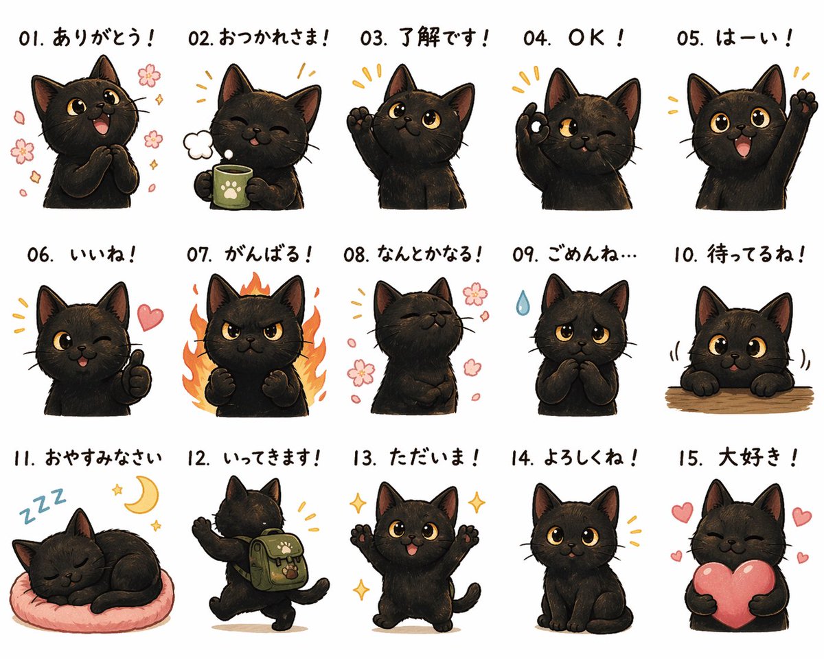Cute Black Cat Japanese Sticker Collection Prompt