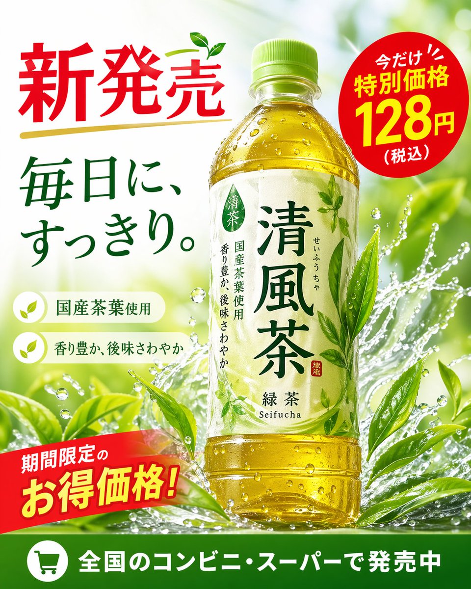 Bottled Green Tea Ad Poster — Sora 2 Prompt with Price Tags & Splash Effects