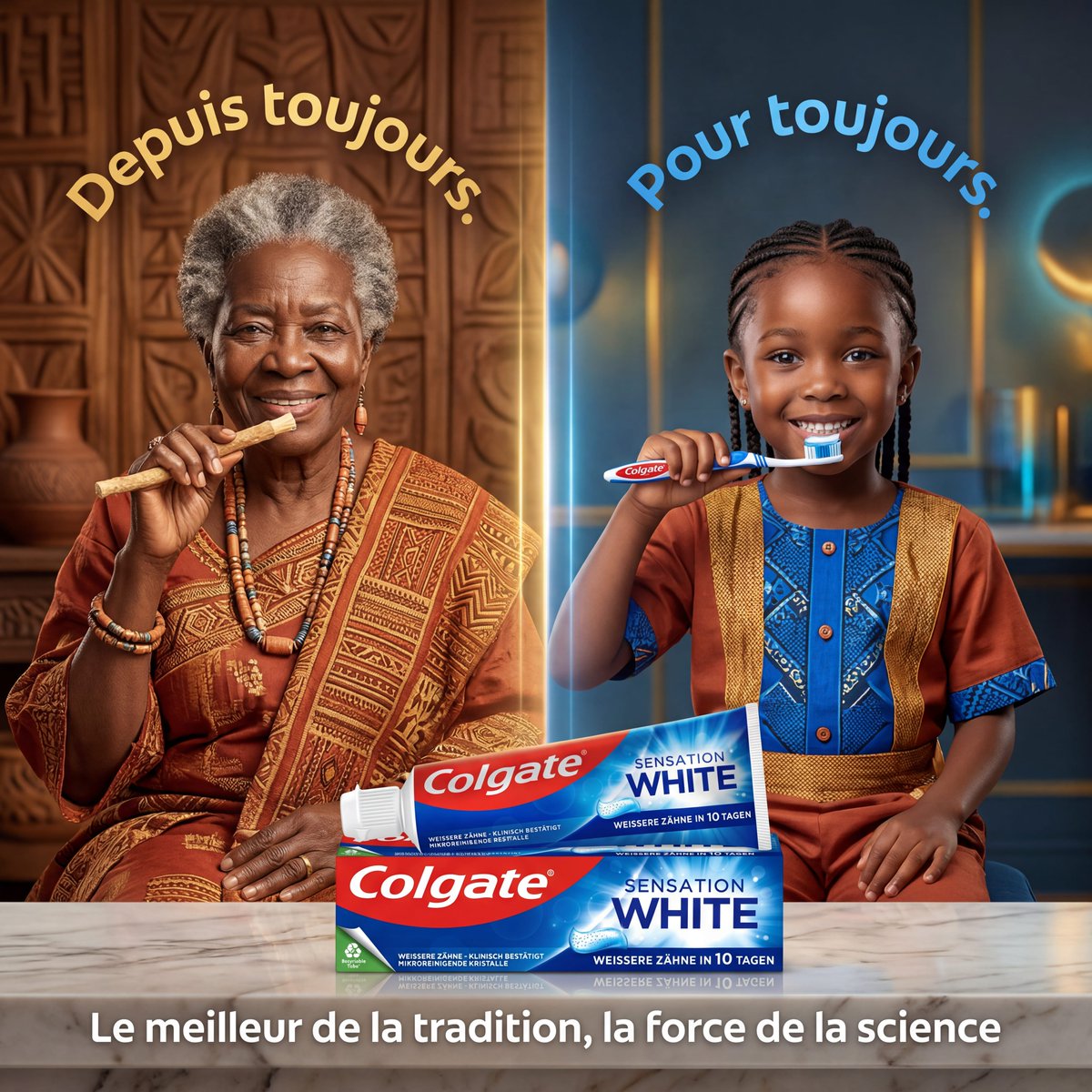Colgate Sensation White Split-Screen Ad Prompt for Sora 2