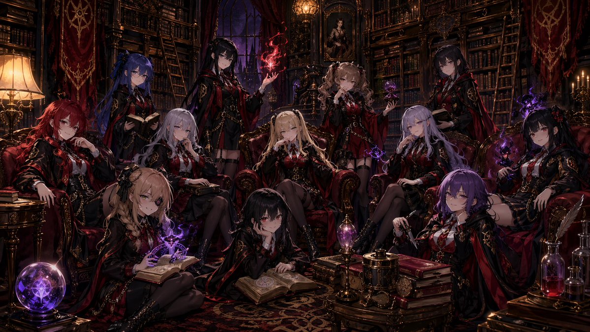 Gothic Anime Magic Library: 11 Witches Group Portrait — Sora 2 Prompt