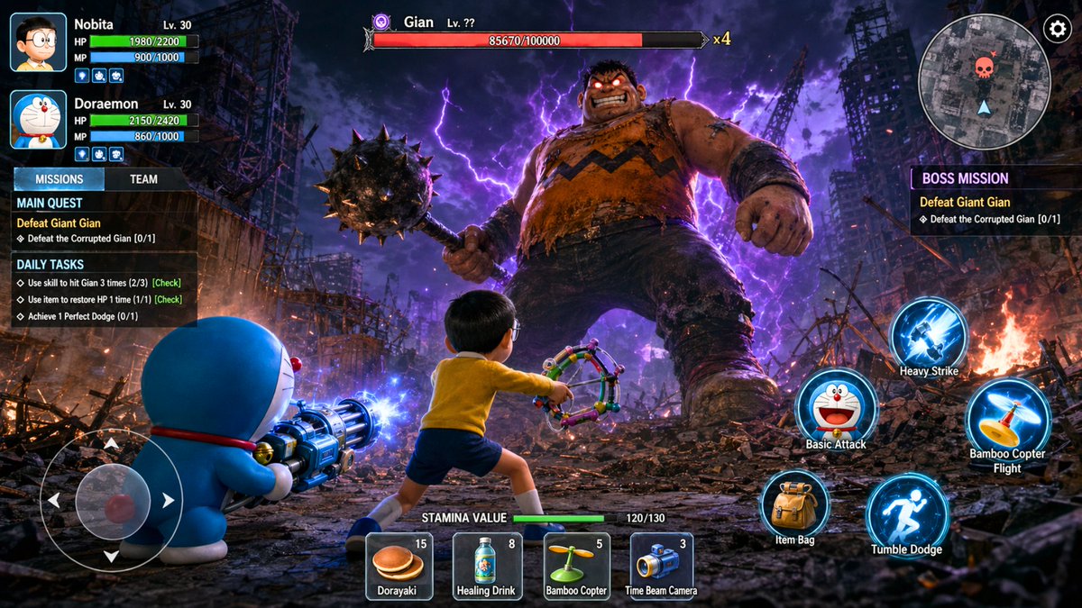 Epic Doraemon Battle in Post-Apocalyptic Ruins — Sora 2 Prompt