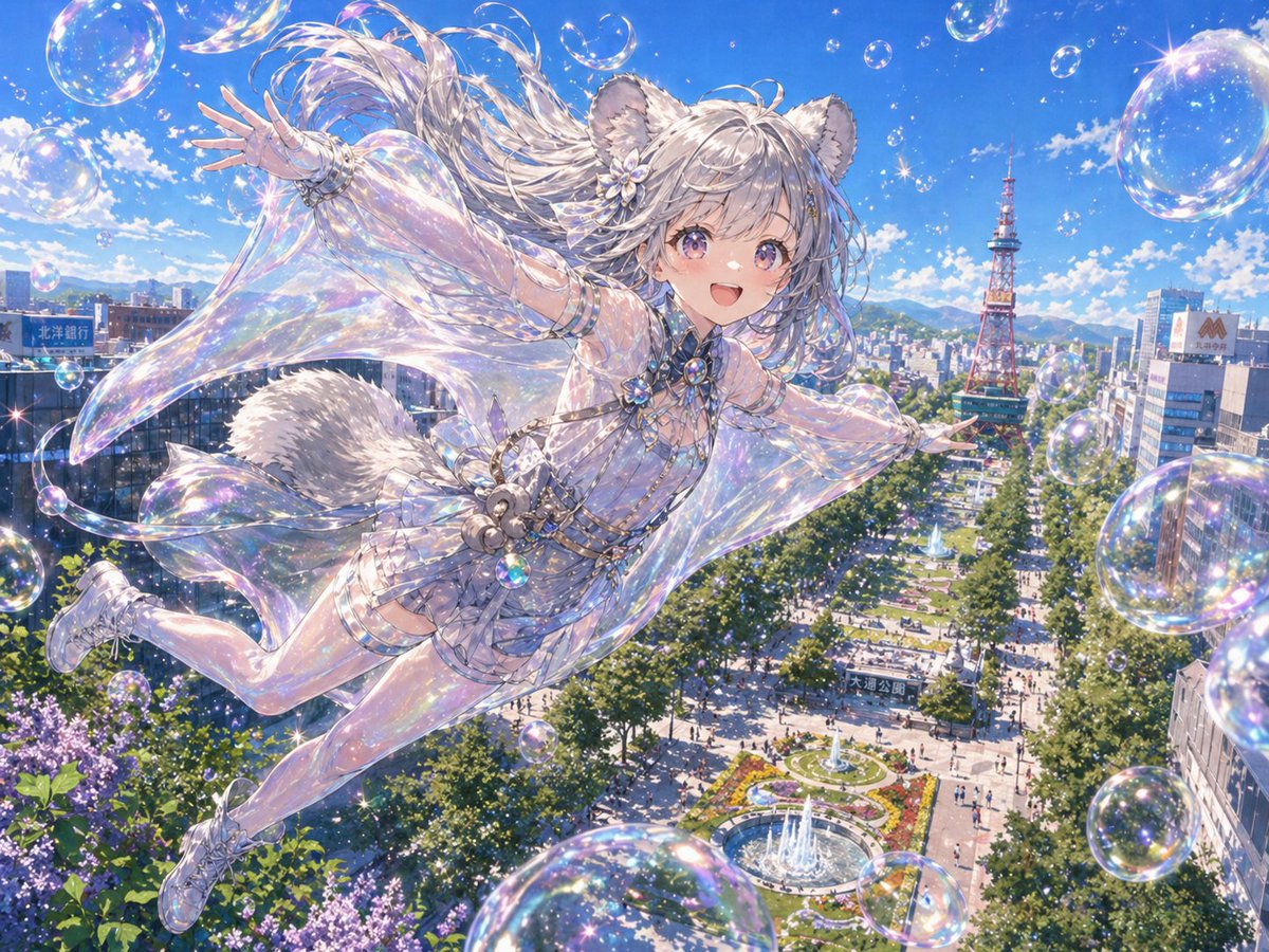 Iridescent Flying Squirrel Girl Over Sapporo — Anime Cityscape Prompt