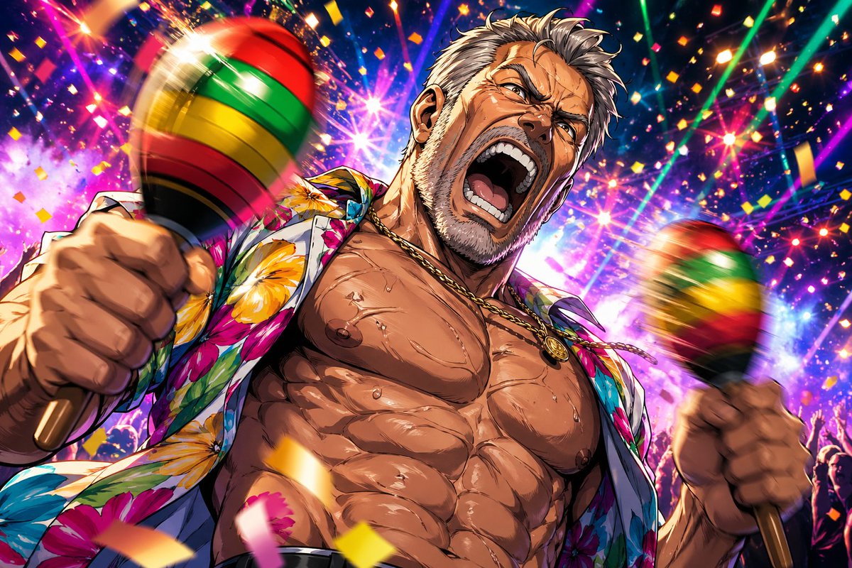 Muscle Party Guy: Maraca Shaker at Neon Rave — Sora 2 Prompt