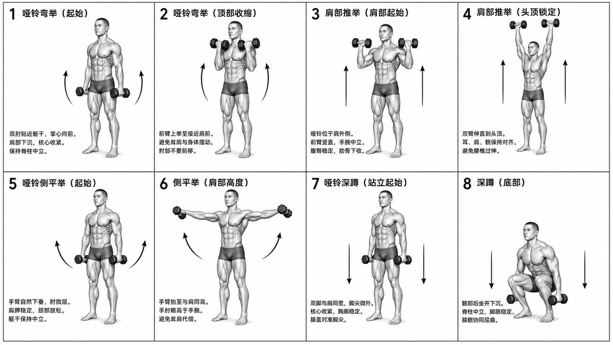 Biomechanical Dumbbell Exercise Chart — Sora 2 Prompt