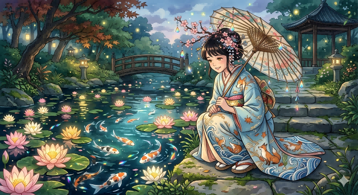 Dreamy Kimono Woman by Koi Pond — Sora 2 Prompt