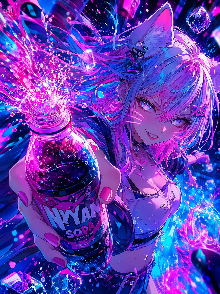 Cyberpunk Catgirl Soda Pop — Dynamic Anime Ad Prompt