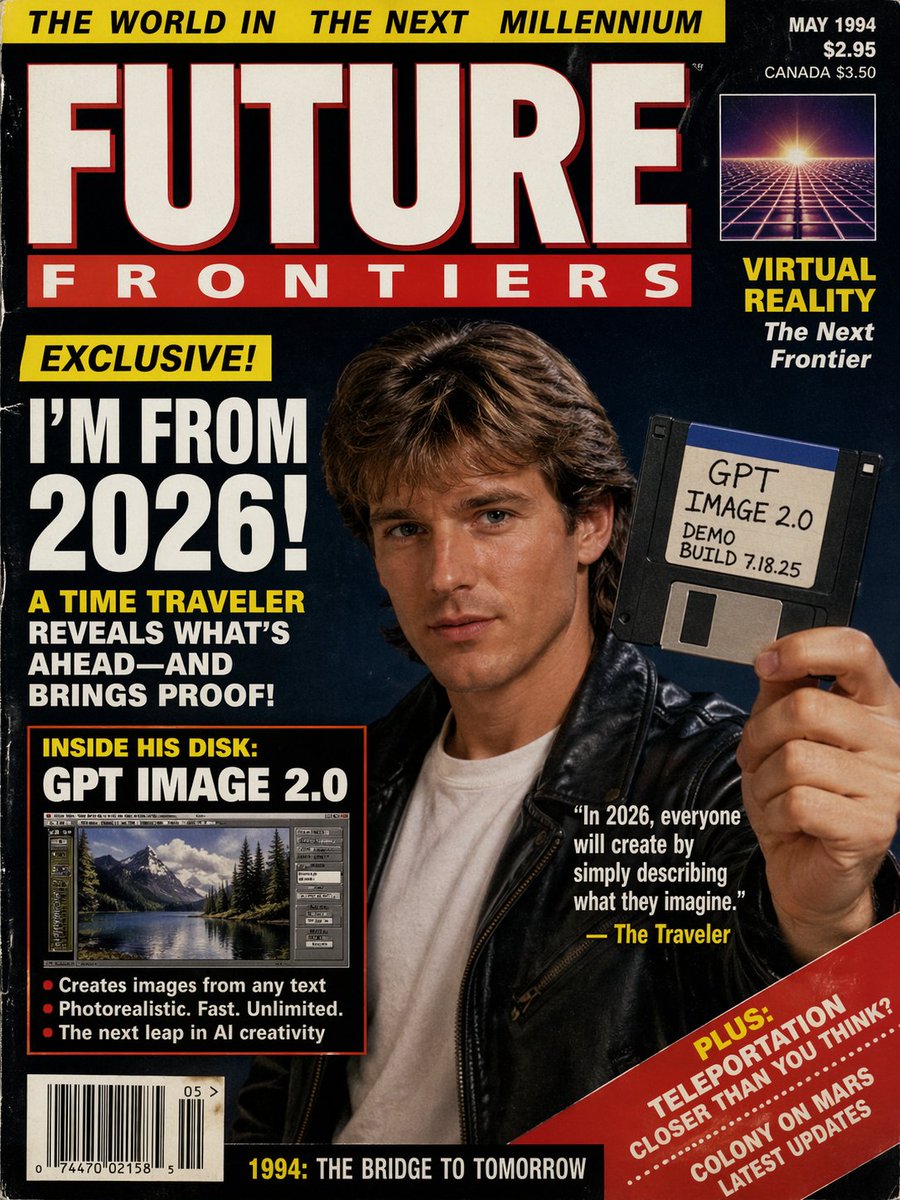 90s Magazine Cover: Time Traveler Talks AI — Sora 2 Prompt