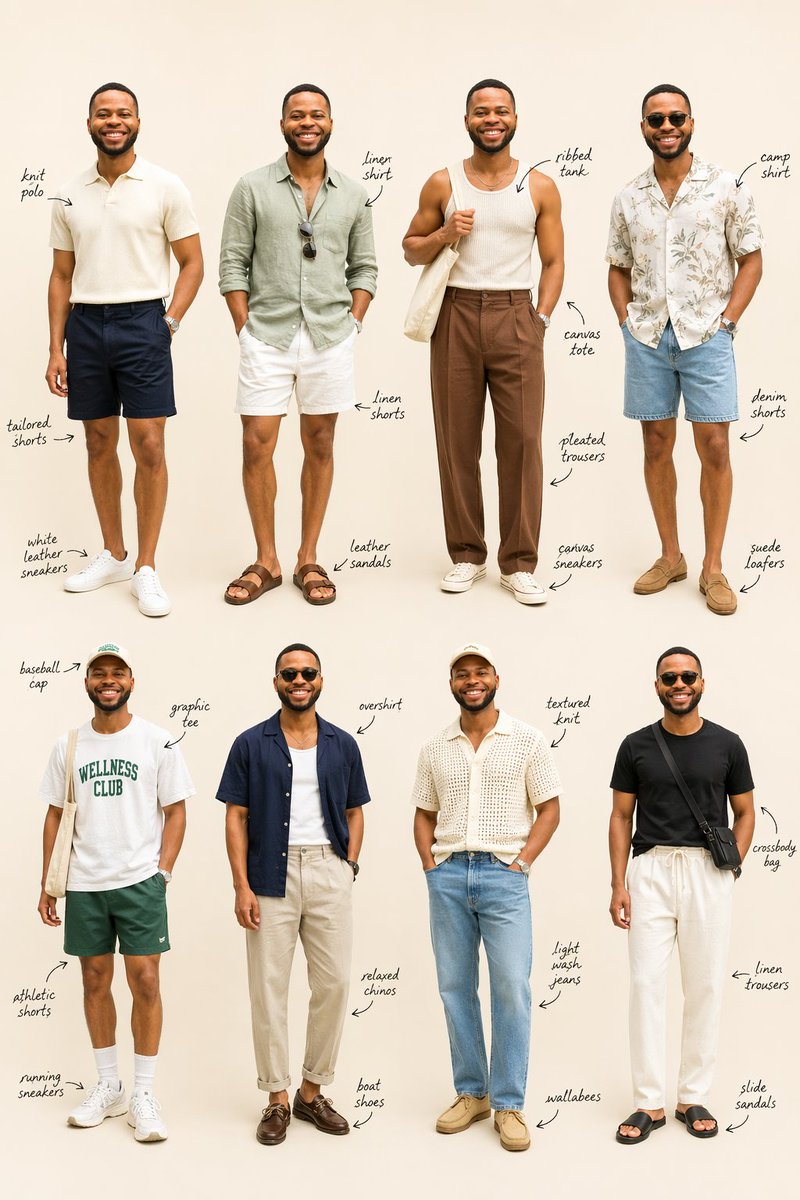 8-Outfit Men's Summer Lookbook Grid — Sora 2 Prompt